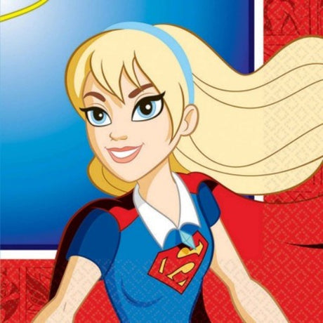 Vibrant DC Superhero Girls beverage napkins for themed parties; pack of 16, featuring iconic female superheroes.