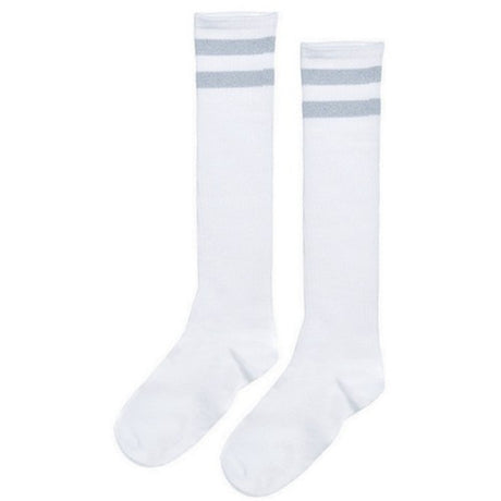 Stylish silver striped knee socks, perfect for adding comfort and flair to any outfit, ideal for fashion enthusiasts.