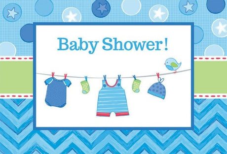 Pack of 8 'Shower With Love Boy' postcard invitations, each 4.25 inches, perfect for baby showers.
