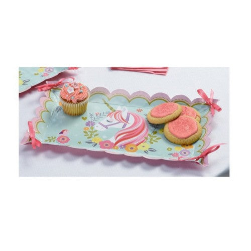 Set of 2 enchanting paper trays with magical unicorn design, measuring 8x14 inches, perfect for themed celebrations.