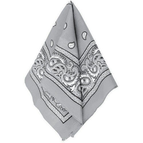 Stylish silver bandana, 20" x 20", versatile accessory for head, neck, or face in durable 100% polyester.