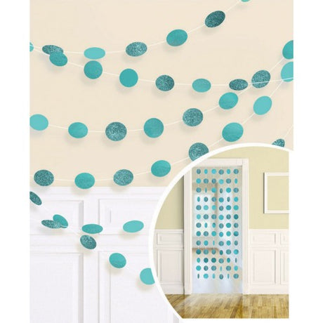 Glittery robins-egg blue string decorations, 7' long, ideal for elegant party decor in packs of six.