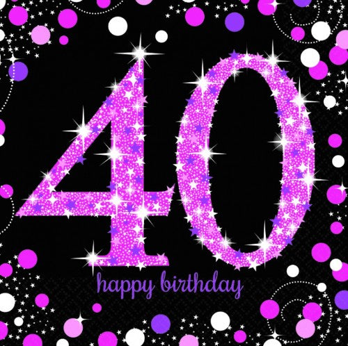 Pack of 16 pink lunch napkins for 40th celebrations, stylishly sized at 33cm x 33cm, perfect for festive gatherings.