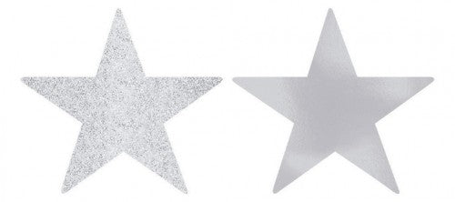 Pack of 5 silver star cutouts with foil and glitter, perfect for festive decorations and crafts, each measuring 5 inches.