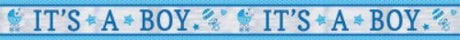Blue foil baby boy banner, 25 feet long, perfect for celebrations and baby showers.
