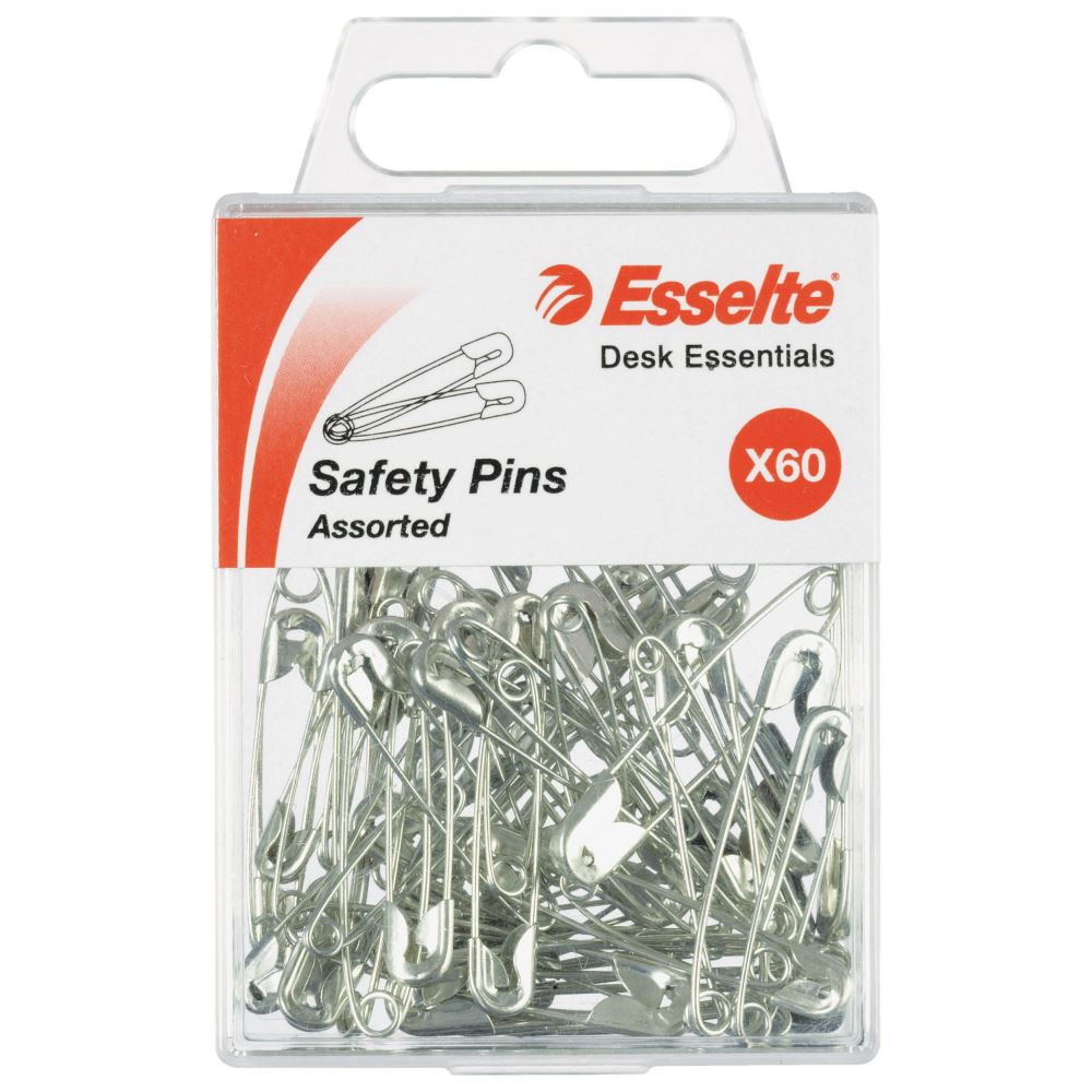 Assorted pack of 60 silver safety pins in various sizes, ideal for sewing, crafting, and quick fixes.