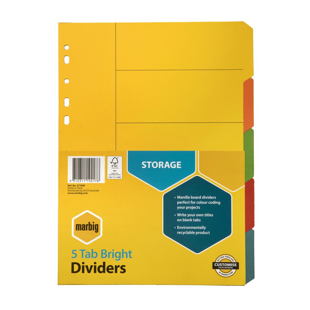 Marbig Dividers 5 Tab Manilla A4