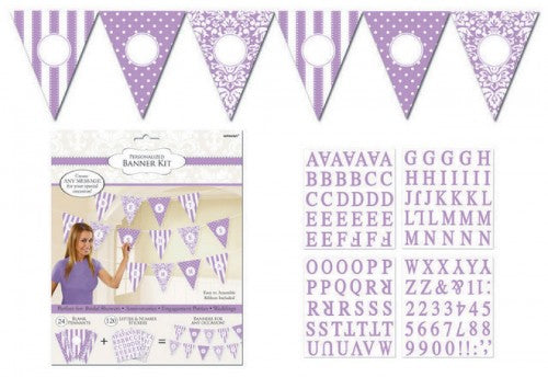 Personalized lilac pennant banners, pack of 24, ideal for versatile celebrations and customizable for any occasion.