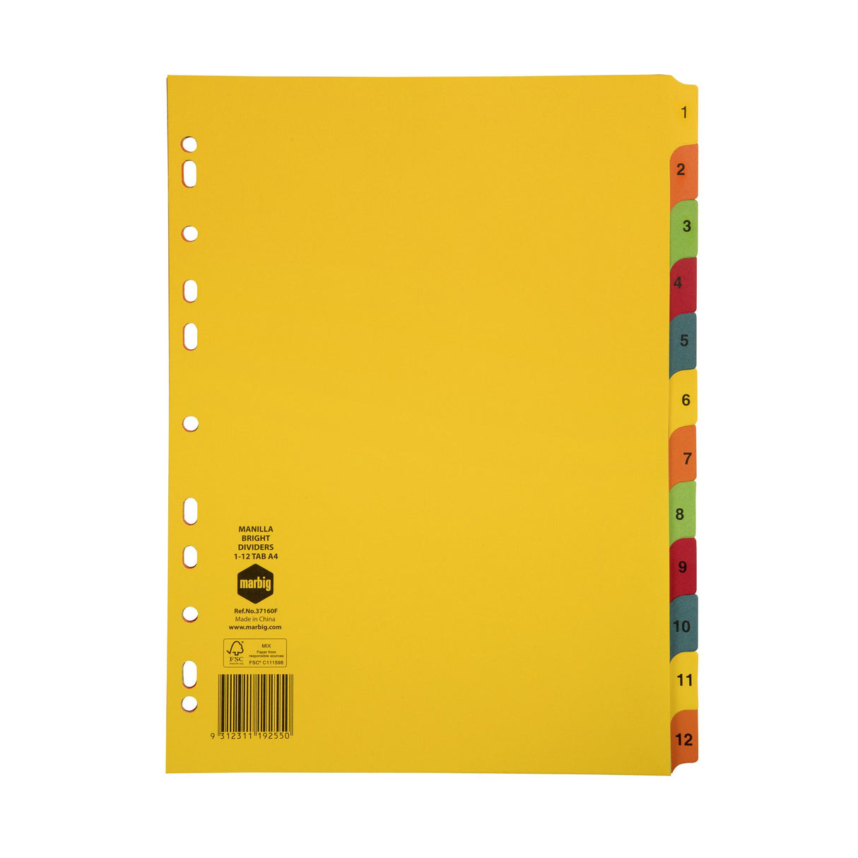 Marbig Dividers & Indices 1-12 Tab Brights Manilla A4