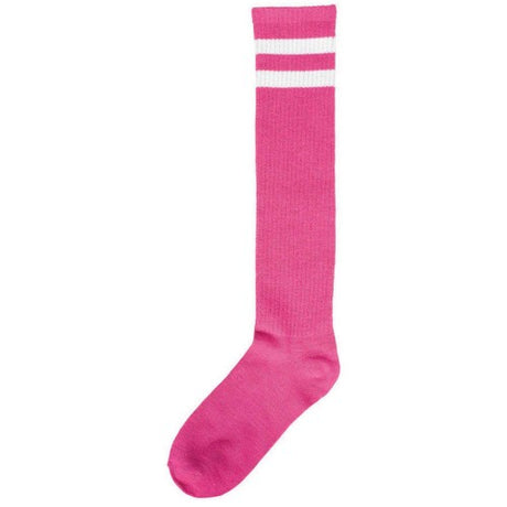 Vibrant pink striped knee socks for adults, perfect for stylish outfits and cozy comfort.