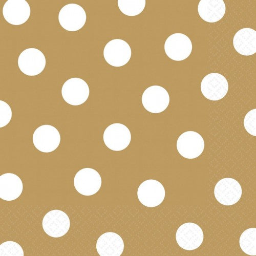 Gold-dotted disposable lunch napkins, stylish and eco-friendly, perfect for elegant dining and easy cleanup. Pack of 16.