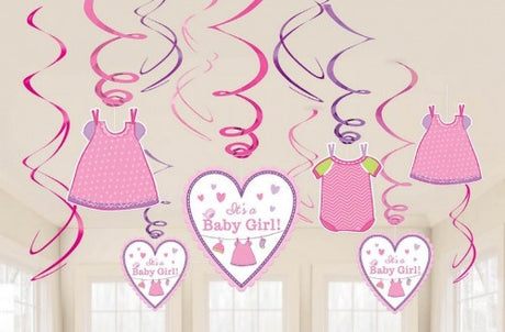 Colorful shower decor set with 6 vibrant swirls, perfect for girl-themed parties and celebrations.
