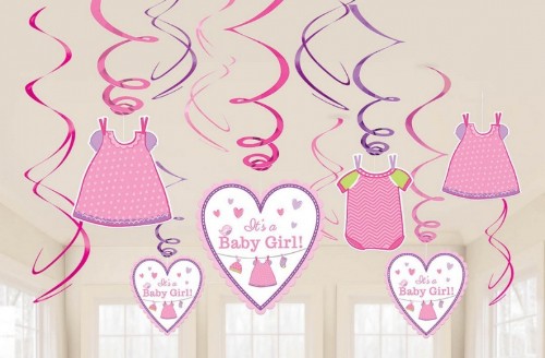 Colorful shower decor set with 6 vibrant swirls, perfect for girl-themed parties and celebrations.