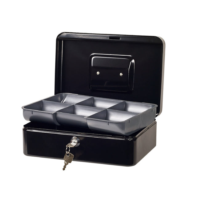 Esselte Cash Box Classic No8 Black: Compact steel cash box with secure lock, organizing coin tray, and foldable handle.