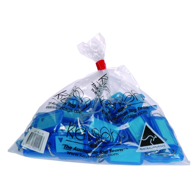 Pack of 50 blue Kevron key tags with clear windows for easy labeling and organization of keys.