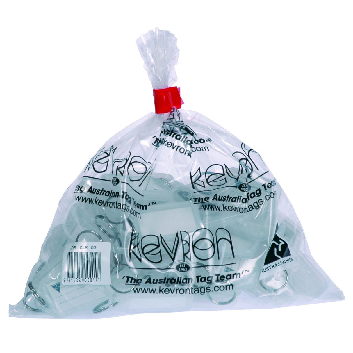 Pack of 50 clear Kevron key tags with easy-to-read labels for effective key organization and identification in various settings.