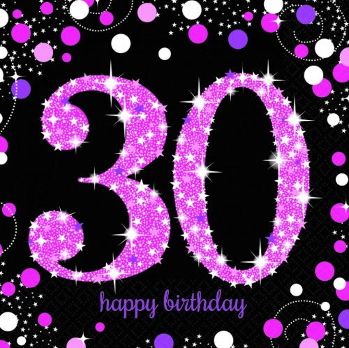 Elegant pink napkins for 30th birthday celebrations, pack of 16, 33cm x 33cm, perfect for any milestone event.