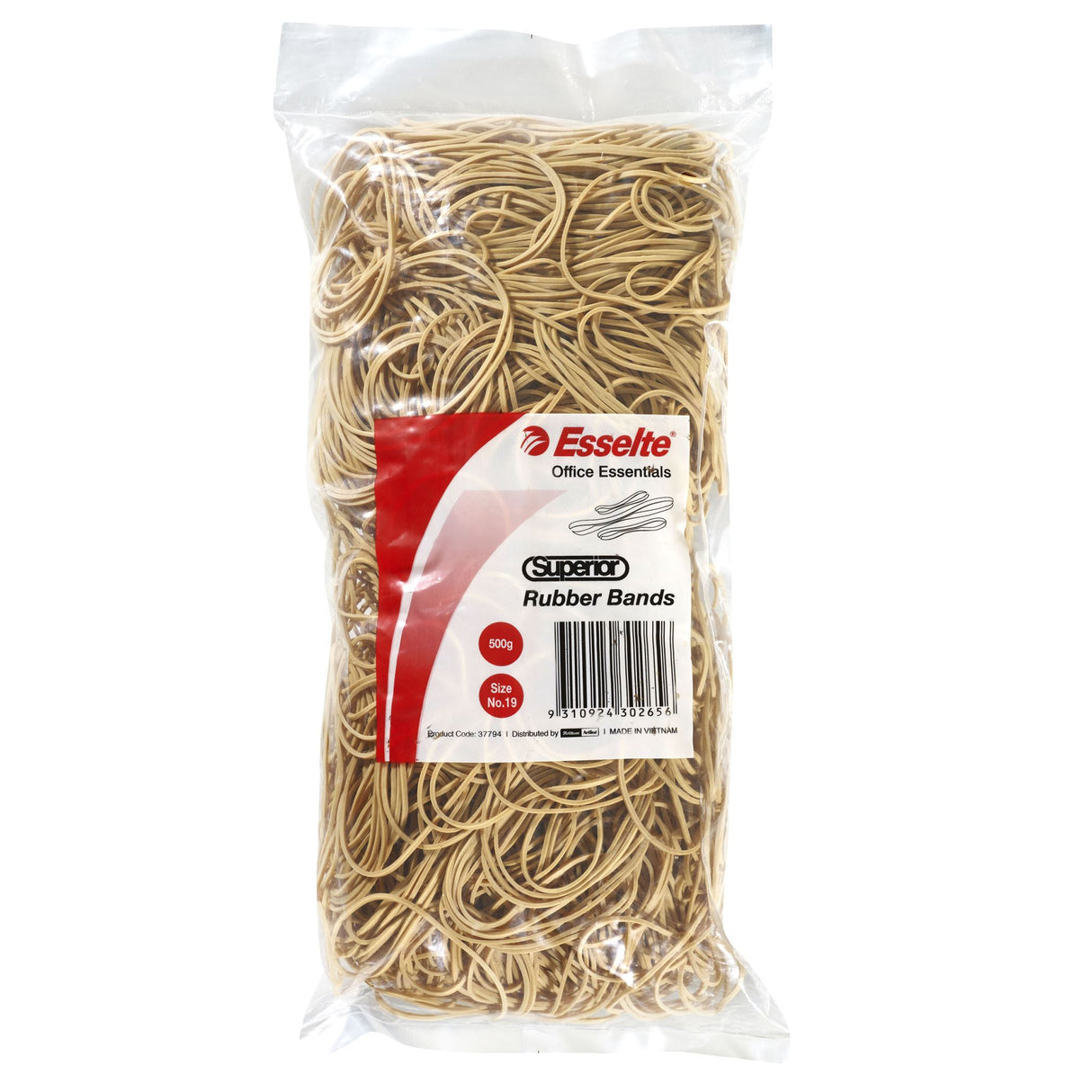 Esselte Superior Rubberbands Size 19 in a 500g bag, made of durable natural rubber for reliable bundling and organizing.