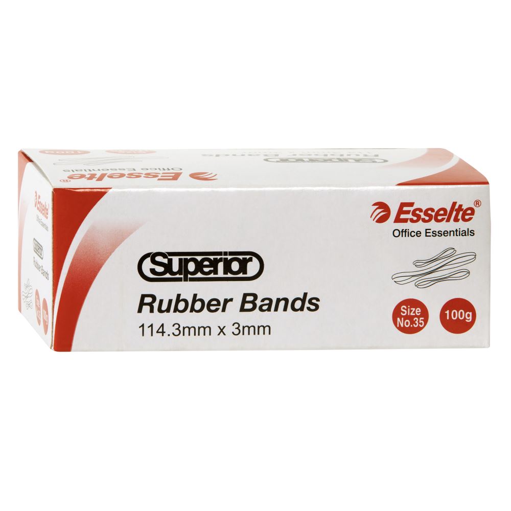 Esselte Superior Rubber Bands Size 35 in a 100gm box, ideal for organizing, bundling, and daily office tasks.