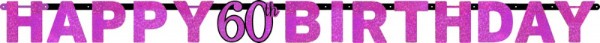 Vibrant pink plastic banner featuring 60 prismatic letters, perfect for festive celebrations and easy to hang.