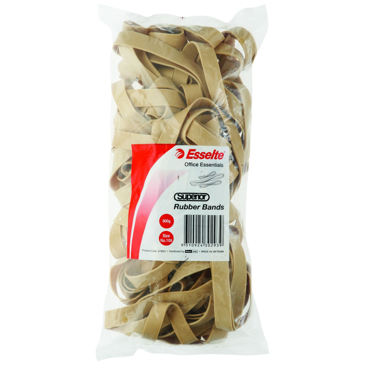 Esselte Superior Rubber Bands No.106 in a 500gm bag, featuring strong, uniform, natural rubber for versatile use.