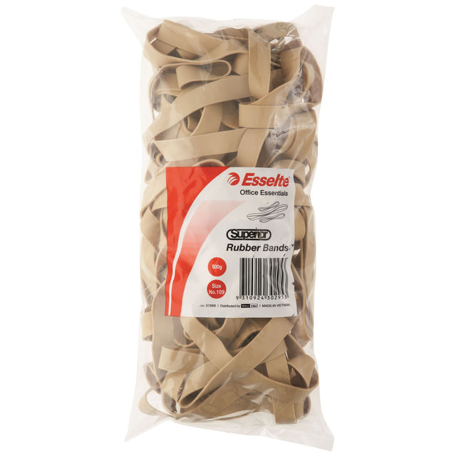 Esselte Superior Rubber Bands No.109 in a 500gm bag, made of durable natural rubber for versatile binding needs.