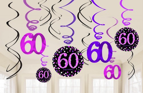 Vibrant Pink Celebration 60 Swirl Value Pack, featuring 12 stunning decorations for birthdays and festive occasions.