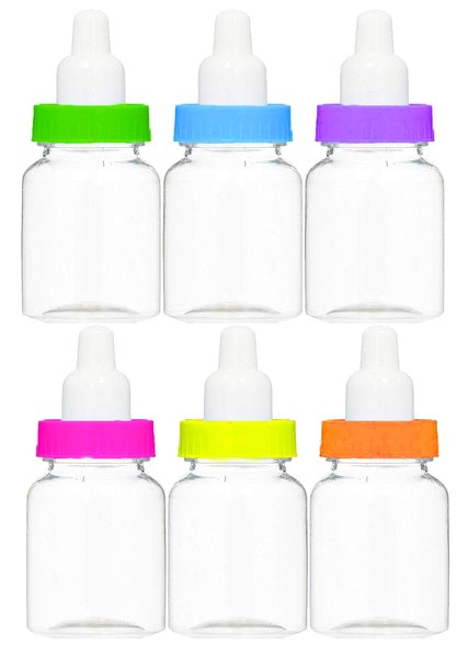 Set of 6 multi-coloured baby shower bottle containers for treats and keepsakes, measuring 4cm x 7cm each.
