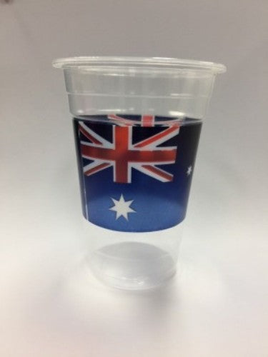 Colorful plastic Australia cups in a pack of 8, perfect for drinks at BBQs, picnics, and parties.