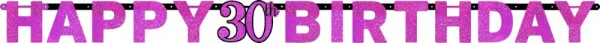 Vibrant pink banner with prismatic letters, perfect for custom messages at celebrations, 2.13m long and 17cm high.