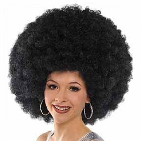 Black afro wig, the world's biggest, perfect for costume parties and 70s-themed events, providing a bold, eye-catching look.