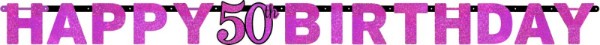 Celebration 50 Prismatic Letters banner in vibrant pink, perfect for festive occasions and easy to hang for memorable events.