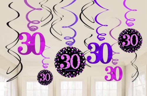 Elegant pink swirl decorations in a value pack of 12, perfect for festive occasions like birthdays and baby showers.