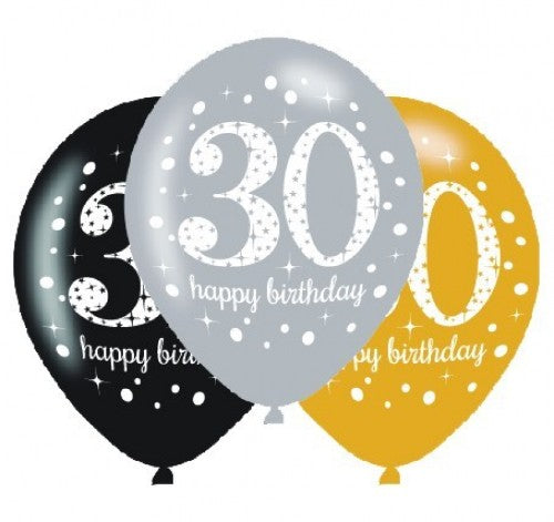 Vibrant pack of six 30cm latex balloons featuring '30' print, perfect for celebrating a 30th birthday party.