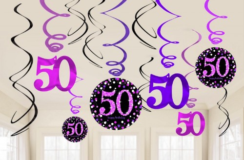 Vibrant Pink Celebration 50 Swirl Value Pack with foils and colorful cutouts, perfect for decorating milestone events.