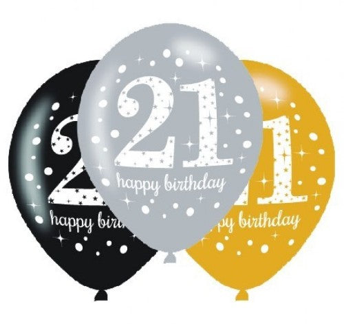 Vibrant 30cm latex balloons with sparkling designs for a memorable 21st birthday celebration, pack of 6.