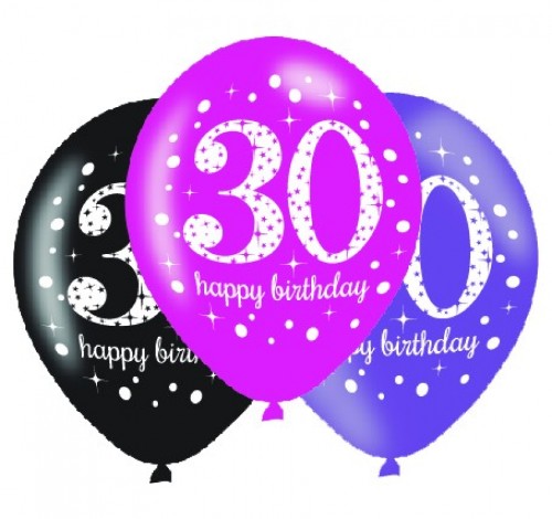 Pack of 6 Pink Celebration 30th Latex Balloons, 30cm, perfect for milestone birthday decorations and festivities.
