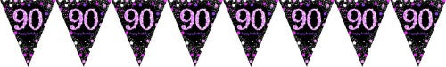 Pink pennant banner for 90th birthday celebrations, 4m long, perfect for indoor and outdoor party decor.