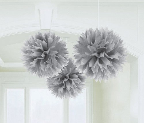 Silver fluffy tissue decorations, 16 inches, pack of 3, perfect for elegant parties and celebrations.