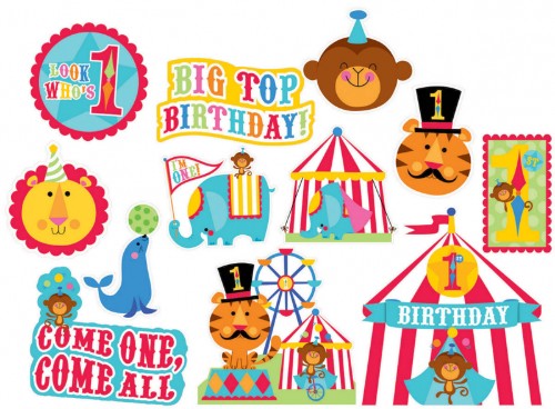 Colorful Fisher Price circus-themed cutouts for 1st birthday, includes 12 vibrant pieces in various sizes.
