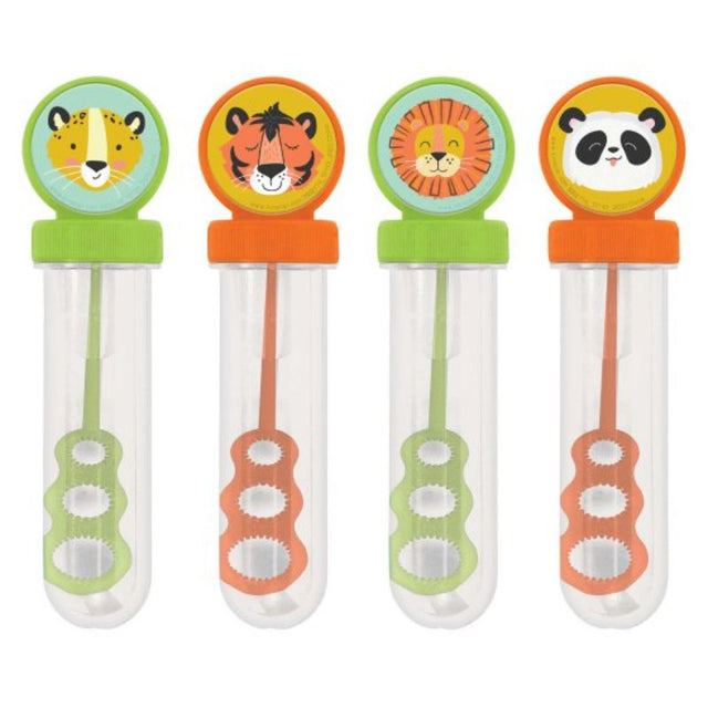 Pack of 4 colorful jungle bubble tubes, perfect for party favors and outdoor fun for kids and adults.
