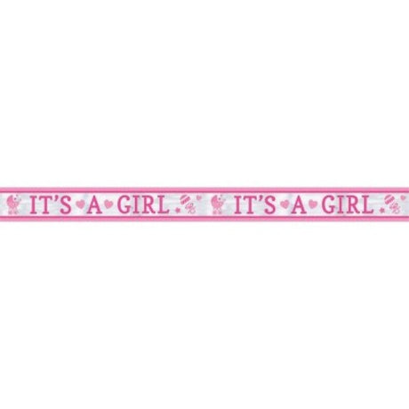 A 25-foot foil banner in pastel colors, featuring 'It's a Girl!' for baby showers or celebrations.