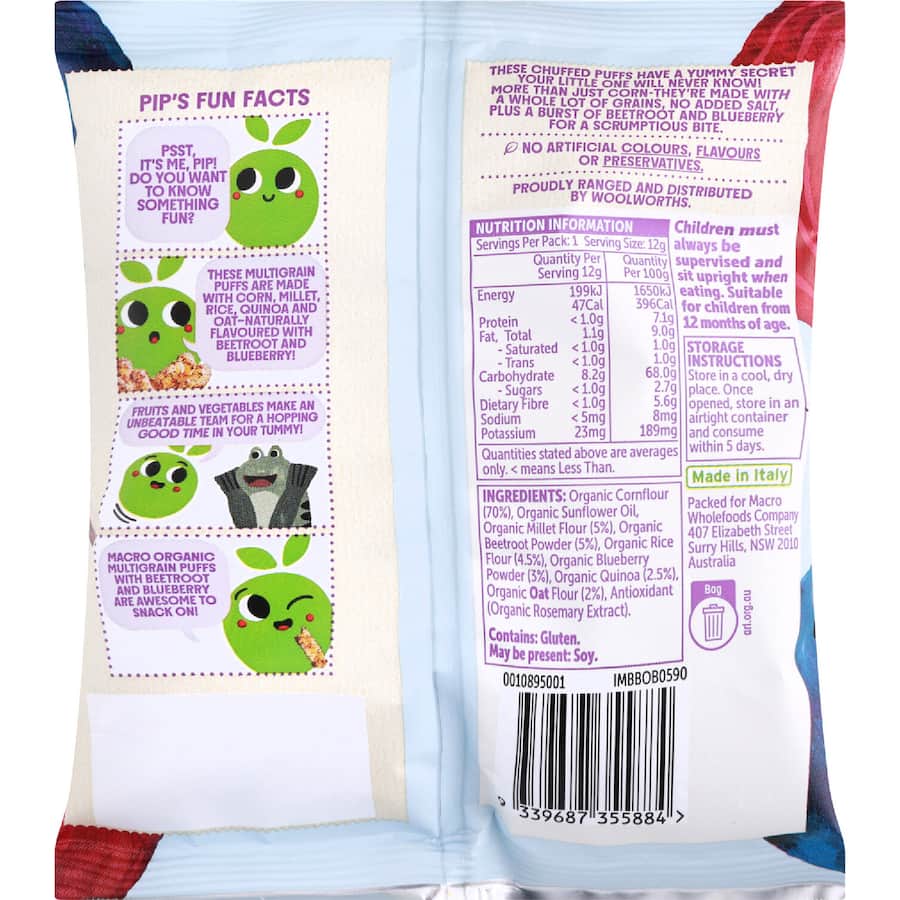 Macro Organic Multigrain Puffs Beetroot Blueberry 12+ Months 12g