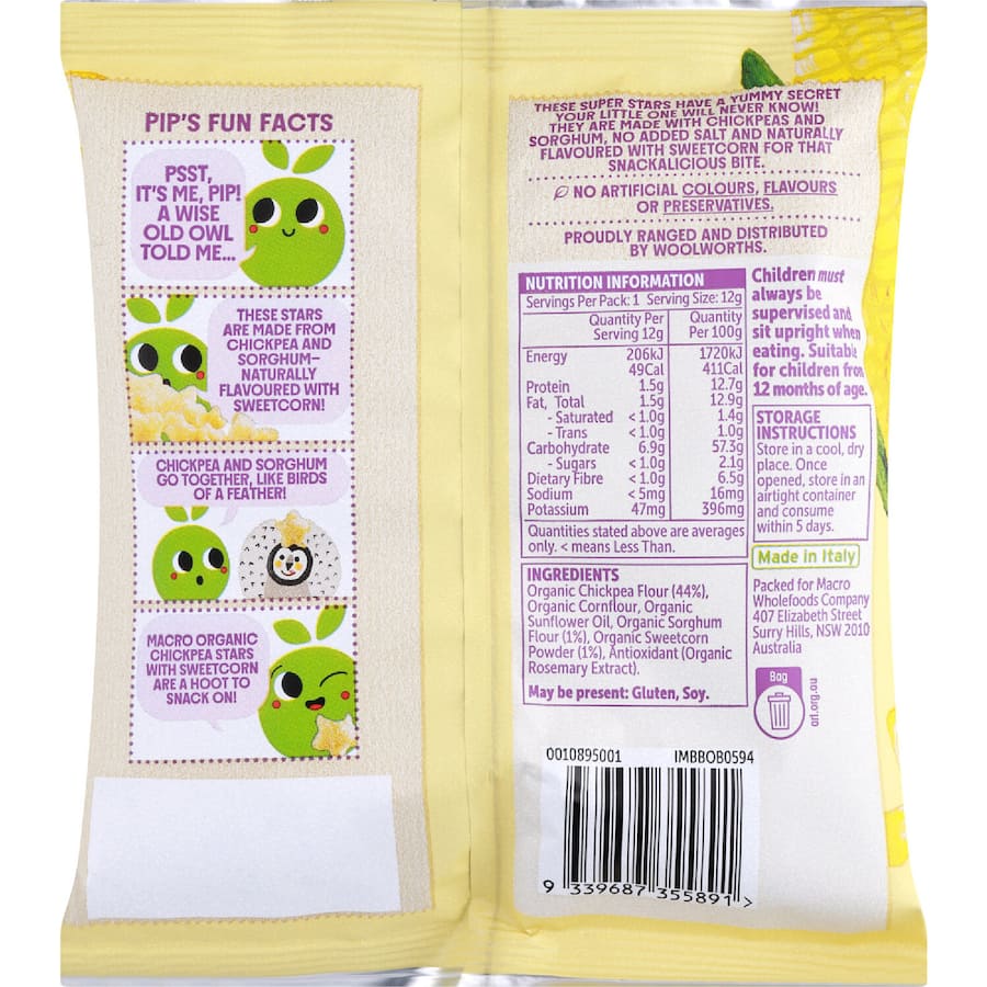 Macro Organic Chickpea Starts Sweetcorn 12+ Months 12g