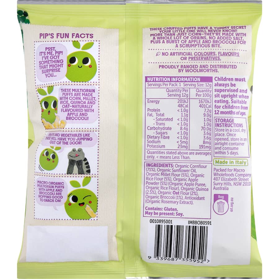 Macro Organic Multigrain Puffs Apple & Broccoli 12+ Months 12g