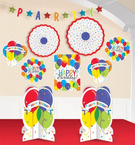 Vibrant Balloon Bash Room Decorations Kit featuring garland, fans, and cutouts for festive celebrations.