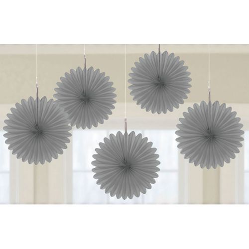 Set of 5 silver mini paper fans, 6 inches each, ideal for elegant party decorations and versatile event styling.