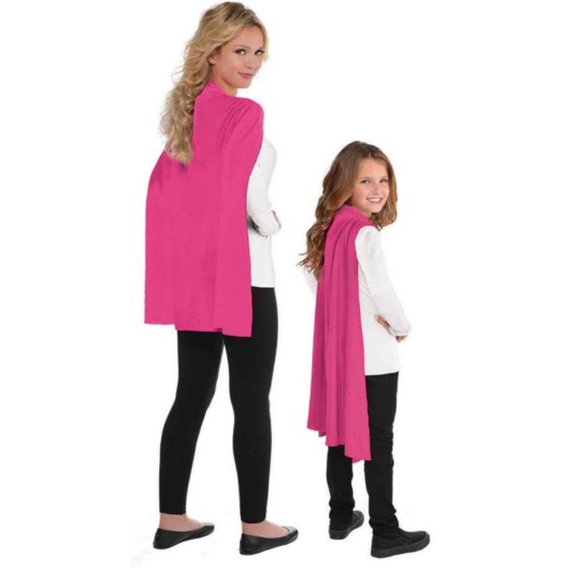 A stylish pink cape for kids and adults, perfect for imaginative play and superhero dress-up, 76cm long with secure closure.