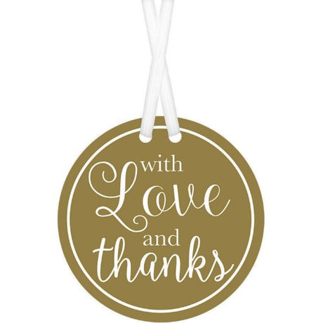 Elegant gold gift tags with 'With Love & Thanks' text, ideal for various occasions, pack of 25.