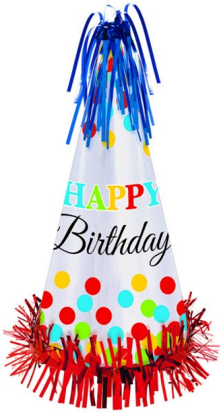 Vibrant large cone birthday hat with eye-catching foil fringe, perfect for stylish celebrations and party accessories.